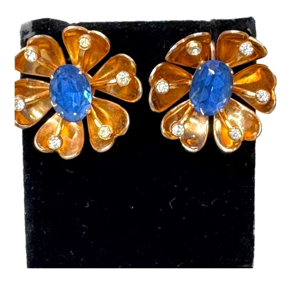 Vintage Coro Gold Tone Floral Clip-On Earrings Flower Blue & Clear Rhinestones